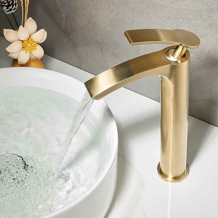 Bathroom Waterfall Sink Faucet, Basin Mixer Taps Tall Short Brass, Deck Mounted Single Handle One Hole Tap with Hot and Cold Hose Vessel Water Tap Washroom