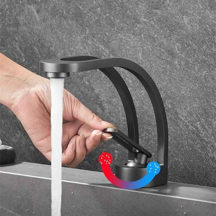 Basin Sink Mixer Taps, Deck Mounted Bathroom Sink Faucet, Brass Sinlge Handle with Hot and Cold Hose, One Hole Vessel Water Tap Chrome Black White Grey