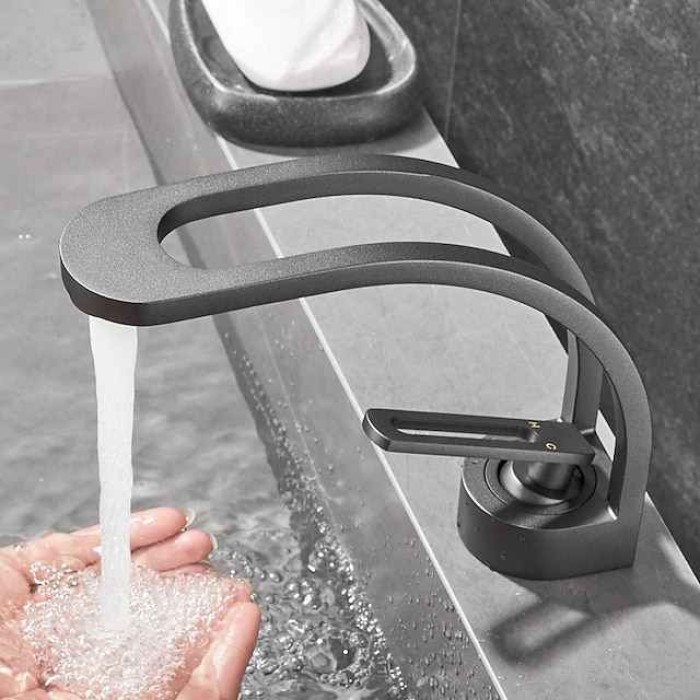 Basin Sink Mixer Taps, Deck Mounted Bathroom Sink Faucet, Brass Sinlge Handle with Hot and Cold Hose, One Hole Vessel Water Tap Chrome Black White Grey