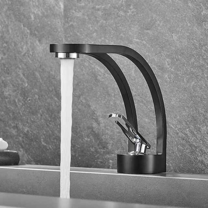 Basin Sink Mixer Taps, Deck Mounted Bathroom Sink Faucet, Brass Sinlge Handle with Hot and Cold Hose, One Hole Vessel Water Tap Chrome Black White Grey