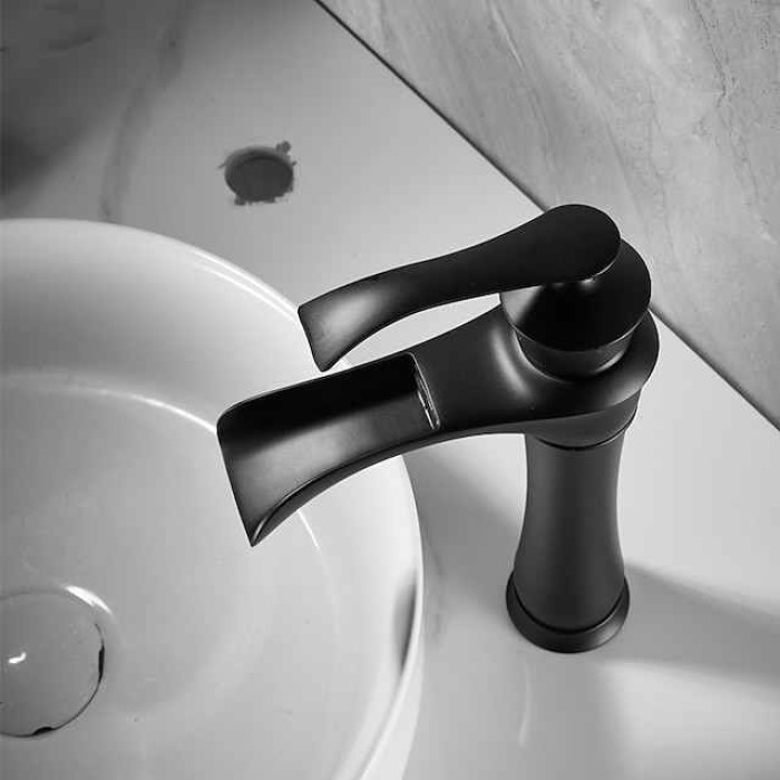 Waterfall Basin Sink Mixer Faucet Black, Tall Bathroom Taps Single Handle One Hole with Hot and Cold Hose Vessel Water Tap Deck Mounted