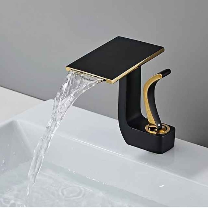 Waterfall Basin Sink Mixer Faucet, Brass Bathroom Taps Single Handle One Hole with Hot and Cold Hose Vessel Water Tap Deck Mounted