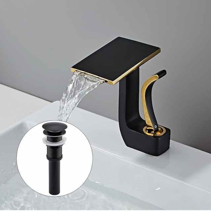 Waterfall Basin Sink Mixer Faucet, Brass Bathroom Taps Single Handle One Hole with Hot and Cold Hose Vessel Water Tap Deck Mounted