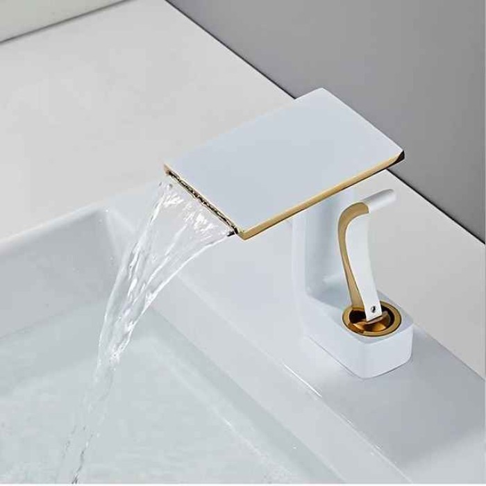 Waterfall Basin Sink Mixer Faucet, Brass Bathroom Taps Single Handle One Hole with Hot and Cold Hose Vessel Water Tap Deck Mounted