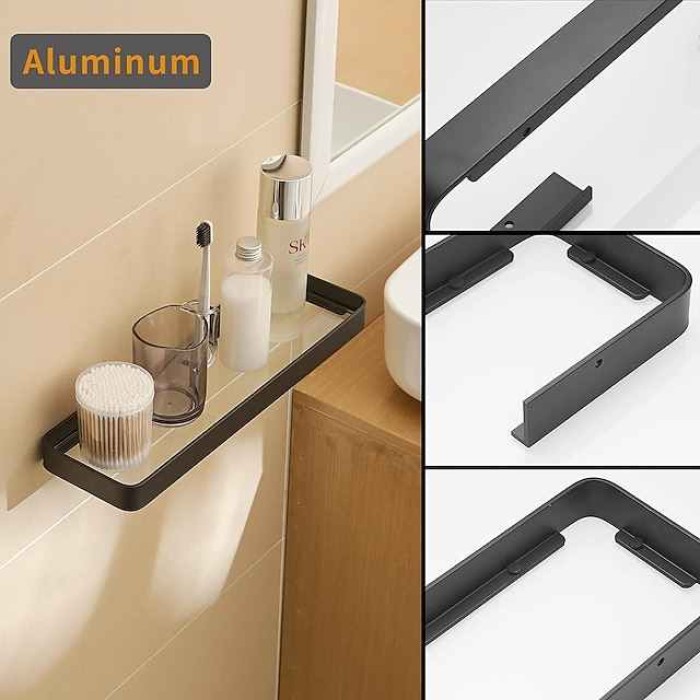 Black Floating Shelf Bathroom Wall Shelf Tempered Glass Shelf Wall Mounted