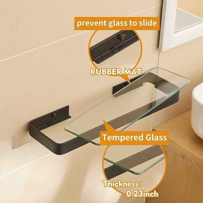 Black Floating Shelf Bathroom Wall Shelf Tempered Glass Shelf Wall Mounted