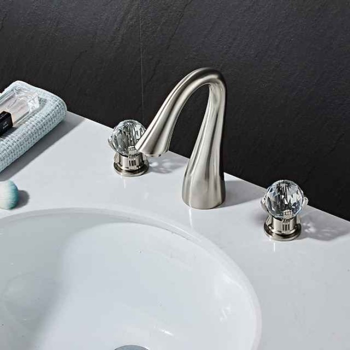 Widespread Bathroom Sink Mixer Faucet, 3 Hole 2 Crystal Handle Traditional Basin Taps Deck Mounted with Hot and Cold Hose, Vessel Water Tap