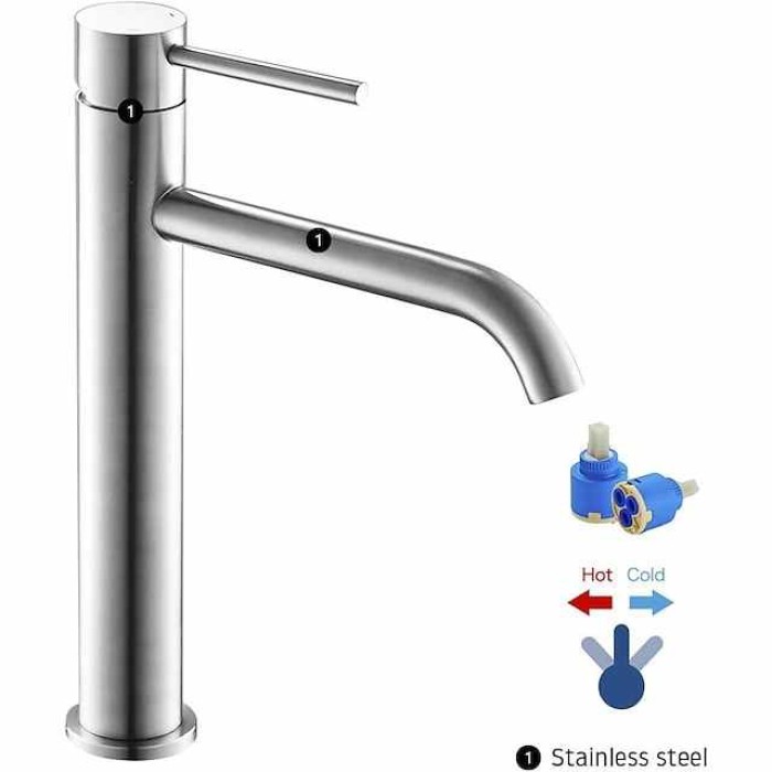 Bathroom Basin Sink Mixer Tap Stainless Steel, Tall Wash Basin Faucet Mono Counter Top Vessel Sink Taps with Hot and Cold Water Hose, Single Lever Handle Monobloc Washroom Vessel Basin Tap