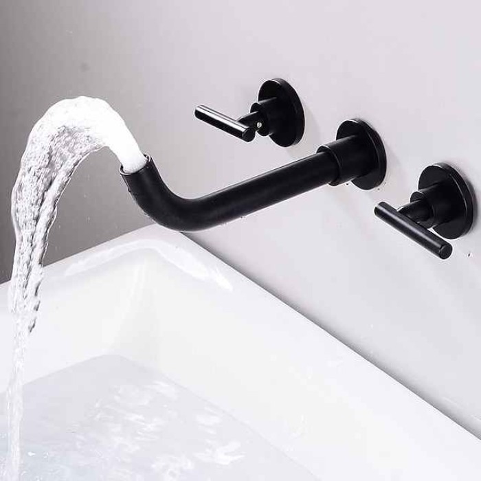 Bathroom Sink Mixer Faucet Wall Mounted, 2 Handle 3 Hole Wash Baxin Brass Taps, Rough in Valve Washroom Basin Tap