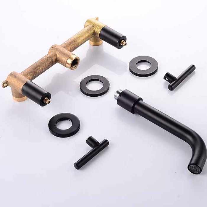 Bathroom Sink Mixer Faucet Wall Mounted, 2 Handle 3 Hole Wash Baxin Brass Taps, Rough in Valve Washroom Basin Tap