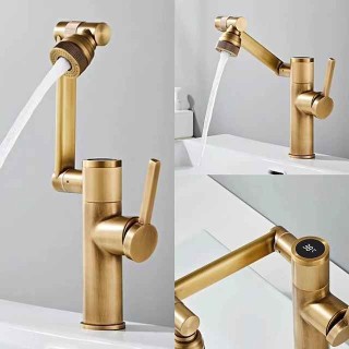 Foldable Bathroom Sink Mixer Faucet LED Displayer, Vintage 360 Swivel Spout Rotatable Wash Basin Tap, Brass Retro Single Handle One Hole with Cold and Hot Water Hose