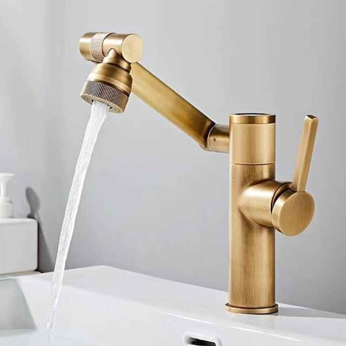 Foldable Bathroom Sink Mixer Faucet LED Displayer, Vintage 360 Swivel Spout Rotatable Wash Basin Tap, Brass Retro Single Handle One Hole with Cold and Hot Water Hose