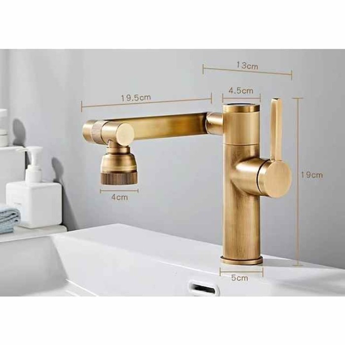 Foldable Bathroom Sink Mixer Faucet LED Displayer, Vintage 360 Swivel Spout Rotatable Wash Basin Tap, Brass Retro Single Handle One Hole with Cold and Hot Water Hose