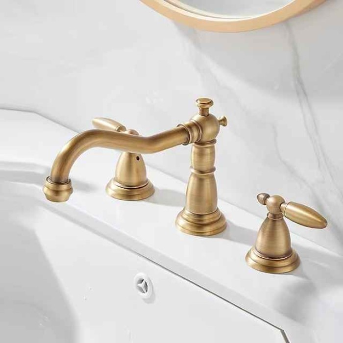 Widespread Bathroom Sink Mixer Faucet, 3 Hole 2 Handle Brass Basin Taps Vessel Water Tap Washroom with Hot and Cold Hose Deck Mounted, Wash Basin Faucet