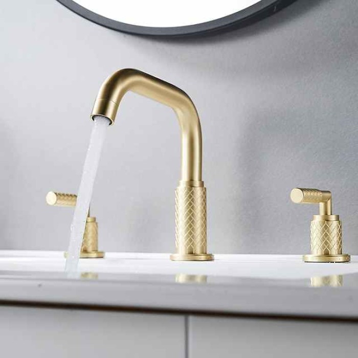 Widespread Bathroom Sink Mixer Faucet 360 Degree Swivel, Brass 3 Hole 2 Handle Basin Tap Deck Mounted, Washroom Basin Vessel Water Tap with Hot and Cold Hose