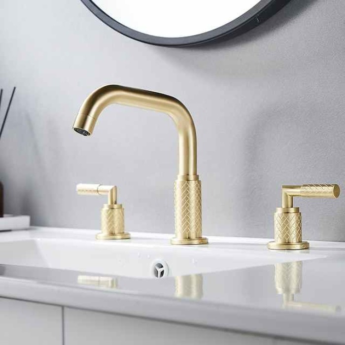 Widespread Bathroom Sink Mixer Faucet 360 Degree Swivel, Brass 3 Hole 2 Handle Basin Tap Deck Mounted, Washroom Basin Vessel Water Tap with Hot and Cold Hose