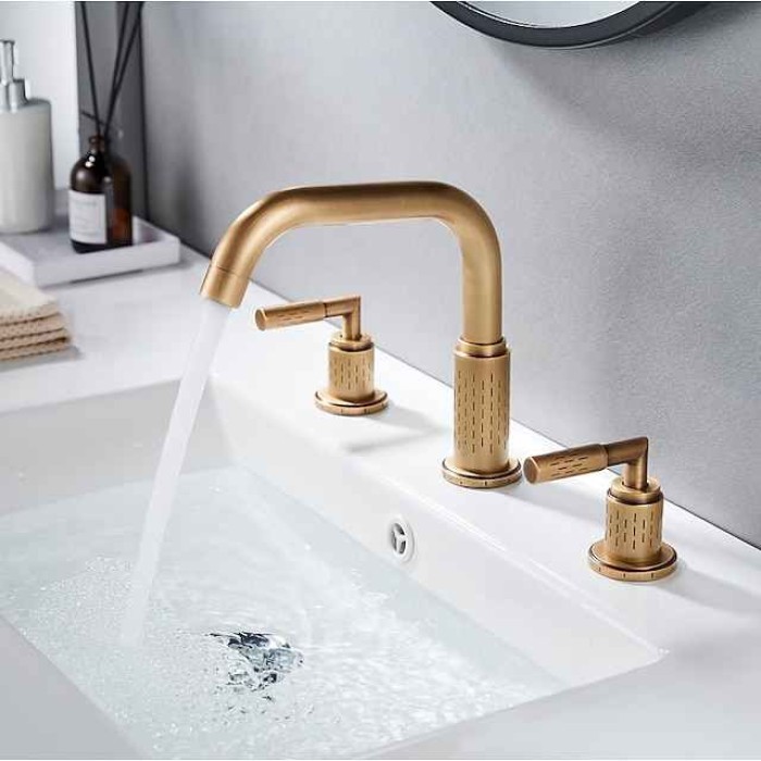 Widespread Bathroom Sink Mixer Faucet 360 Degree Swivel, Brass 3 Hole 2 Handle Basin Tap Deck Mounted, Washroom Basin Vessel Water Tap with Hot and Cold Hose