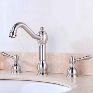 Widespread Bathroom Sink Mixer Faucet, 360° Swivel Brass 3 Hole 2 Handle Basin Tap Deck Mounted, Washroom Basin Vessel Water Tap with Hot and Cold Hose