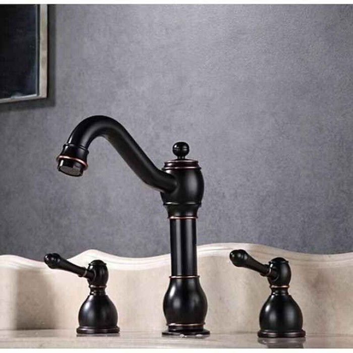 Widespread Bathroom Sink Mixer Faucet, 360° Swivel Brass 3 Hole 2 Handle Basin Tap Deck Mounted, Washroom Basin Vessel Water Tap with Hot and Cold Hose