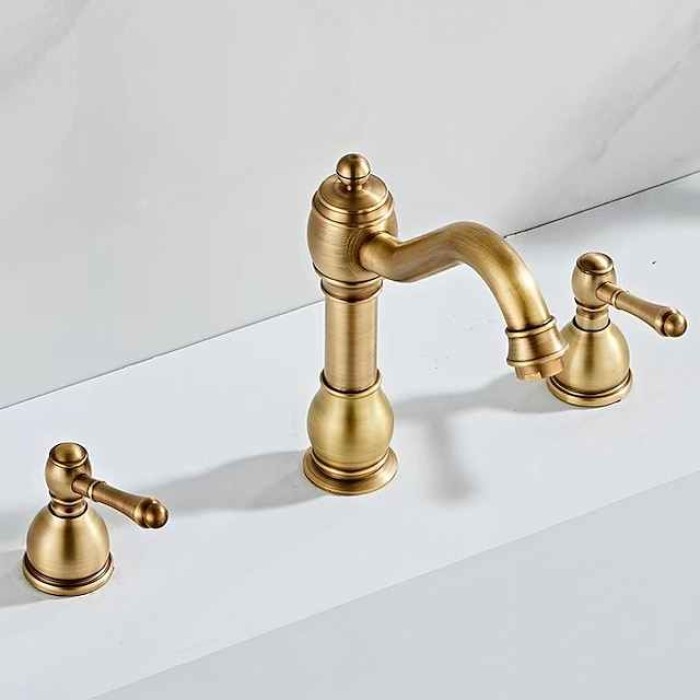 Widespread Bathroom Sink Mixer Faucet, 360° Swivel Brass 3 Hole 2 Handle Basin Tap Deck Mounted, Washroom Basin Vessel Water Tap with Hot and Cold Hose