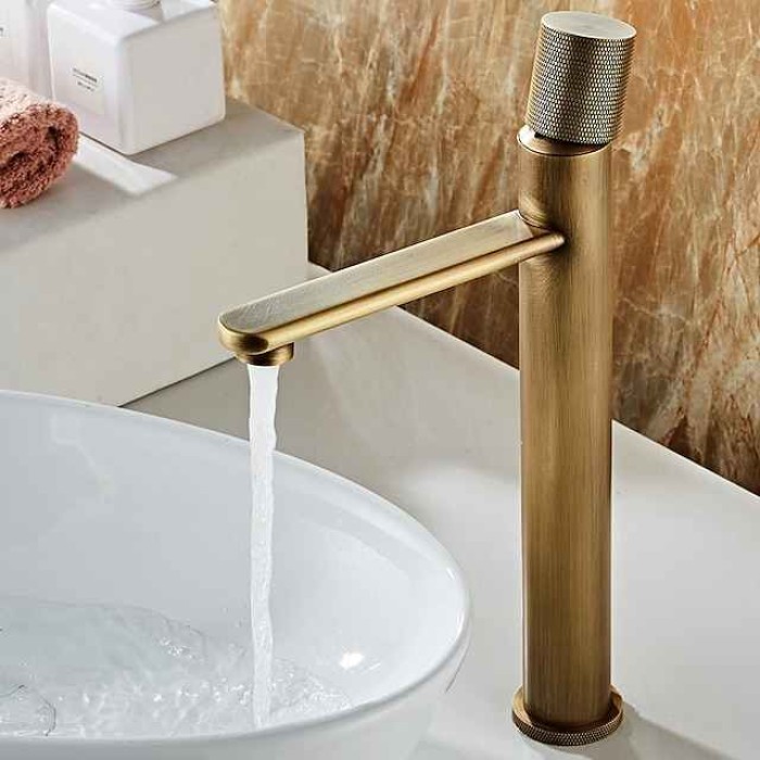 Bathroom Sink Mixer Faucet Single Knob, Vintage Mono Basin Taps Brass Deck Mounted, Monobloc Single Handle One Hole Vessel Water Tap with Hot Cold Water Hose Washroom