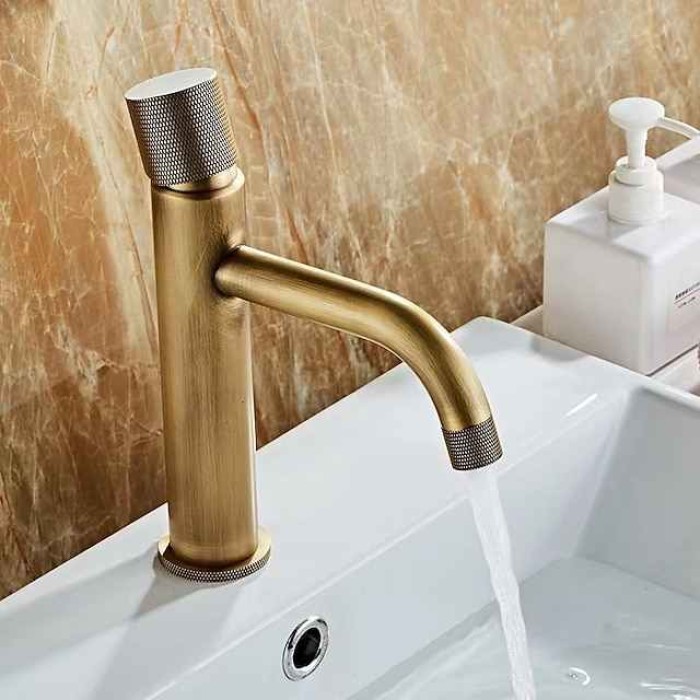 Bathroom Sink Mixer Faucet Single Knob, Vintage Mono Basin Taps Brass Deck Mounted, Monobloc Single Handle One Hole Vessel Water Tap with Hot Cold Water Hose Washroom