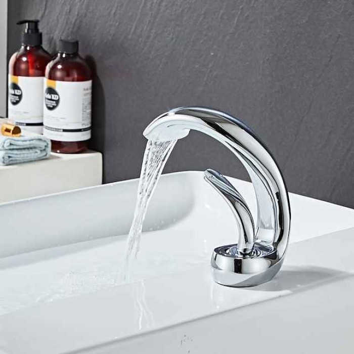 Waterfall Bathroom Sink Mixer Faucet Deck Mount, Mono Wash Basin Single Handle Basin Taps Washroom with Hot and Cold Hose, Monobloc Vessel Water Brass Tap Black White Chrome Brushed