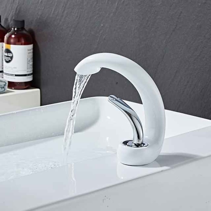 Waterfall Bathroom Sink Mixer Faucet Deck Mount, Mono Wash Basin Single Handle Basin Taps Washroom with Hot and Cold Hose, Monobloc Vessel Water Brass Tap Black White Chrome Brushed