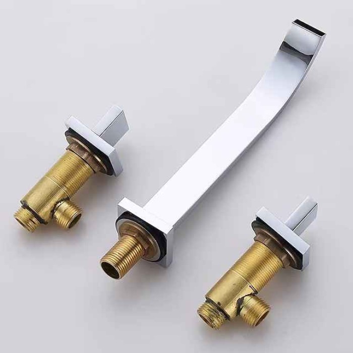 Wall Mounted Bathroom Sink Mixer Faucet Waterfall, Widespread Basin Taps Vintage Brass 2 Handles 3 Holes Washroom Wash Baxin Tap with Cold Hot Water Hose