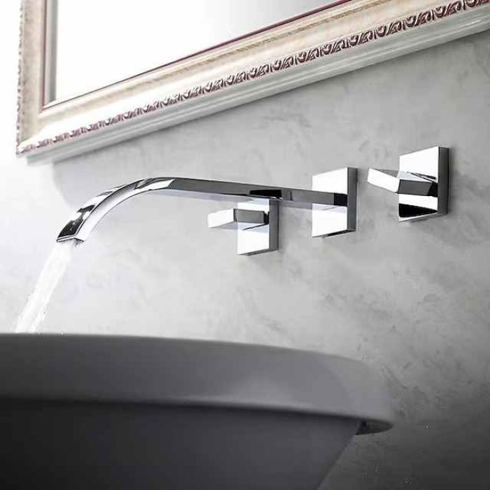 Wall Mounted Bathroom Sink Mixer Faucet Waterfall, Widespread Basin Taps Vintage Brass 2 Handles 3 Holes Washroom Wash Baxin Tap with Cold Hot Water Hose