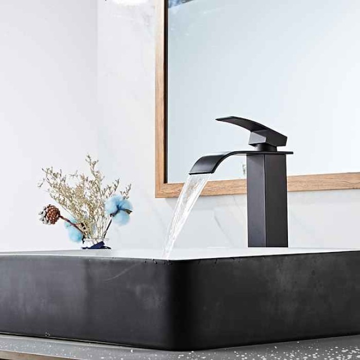 Waterfall Bathroom Sink Mixer Faucet Tall Short, Mono Wash Basin Single Handle Basin Taps, Washroom with Hot and Cold Hose Monobloc Vessel Water Brass Tap Deck Mounted Golden Black