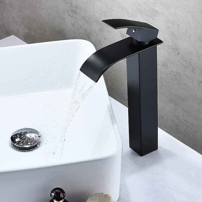 Waterfall Bathroom Sink Mixer Faucet Tall Short, Mono Wash Basin Single Handle Basin Taps, Washroom with Hot and Cold Hose Monobloc Vessel Water Brass Tap Deck Mounted Golden Black