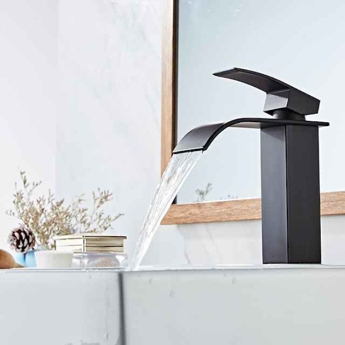 Waterfall Bathroom Sink Mixer Faucet Tall Short, Mono Wash Basin Single Handle Basin Taps, Washroom with Hot and Cold Hose Monobloc Vessel Water Brass Tap Deck Mounted Golden Black