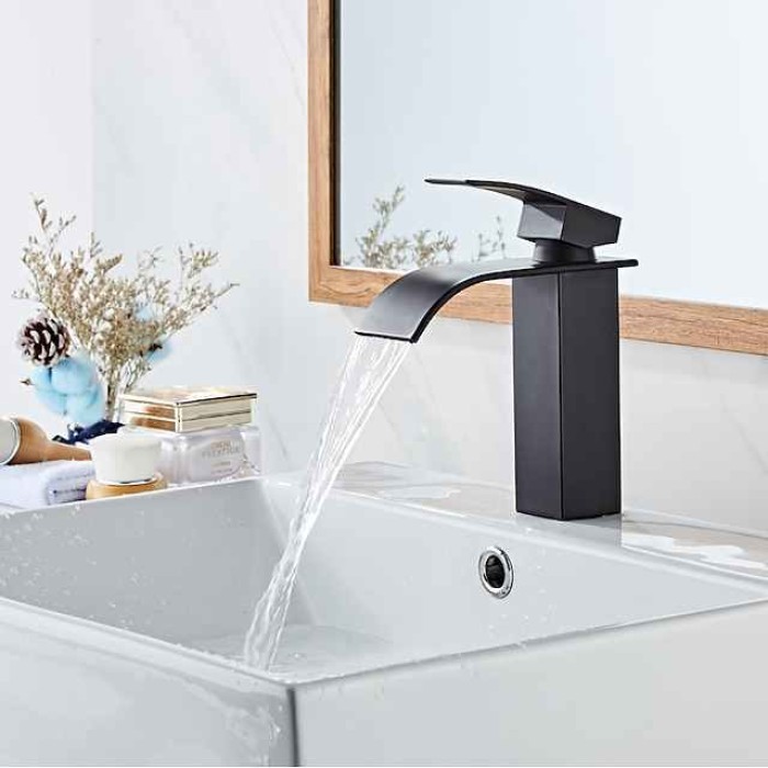 Waterfall Bathroom Sink Mixer Faucet Tall Short, Mono Wash Basin Single Handle Basin Taps, Washroom with Hot and Cold Hose Monobloc Vessel Water Brass Tap Deck Mounted Golden Black