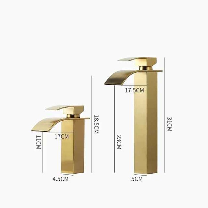 Waterfall Bathroom Sink Mixer Faucet Tall Short, Mono Wash Basin Single Handle Basin Taps, Washroom with Hot and Cold Hose Monobloc Vessel Water Brass Tap Deck Mounted Golden Black