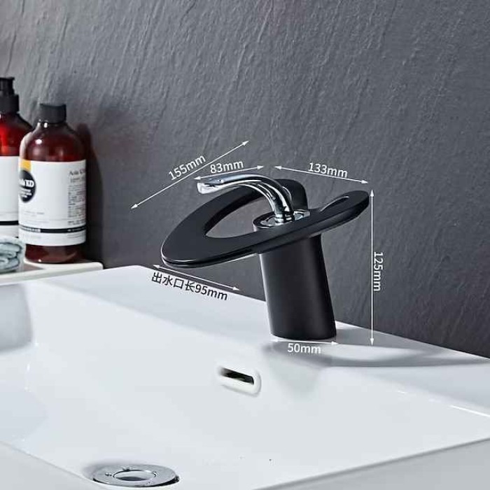 Waterfall Bathroom Sink Mixer Faucet Deck Mounted, Mono Washroom Basin Taps Single Handle Monobloc Vessel Water Brass Tap with Hot and Cold Hose