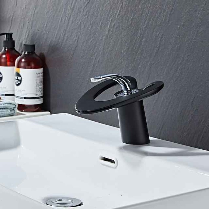 Waterfall Bathroom Sink Mixer Faucet Deck Mounted, Mono Washroom Basin Taps Single Handle Monobloc Vessel Water Brass Tap with Hot and Cold Hose