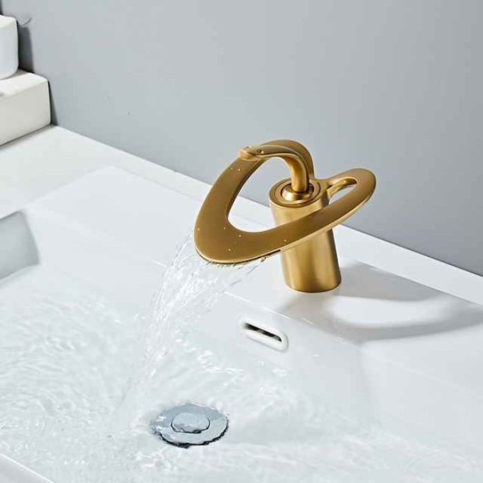 Waterfall Bathroom Sink Mixer Faucet Deck Mounted, Mono Washroom Basin Taps Single Handle Monobloc Vessel Water Brass Tap with Hot and Cold Hose