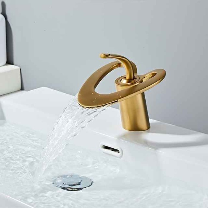 Waterfall Bathroom Sink Mixer Faucet Deck Mounted, Mono Washroom Basin Taps Single Handle Monobloc Vessel Water Brass Tap with Hot and Cold Hose