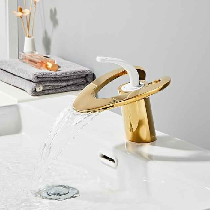 Waterfall Bathroom Sink Mixer Faucet Deck Mounted, Mono Washroom Basin Taps Single Handle Monobloc Vessel Water Brass Tap with Hot and Cold Hose