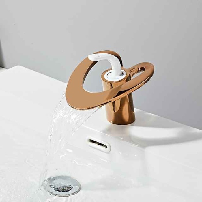 Waterfall Bathroom Sink Mixer Faucet Deck Mounted, Mono Washroom Basin Taps Single Handle Monobloc Vessel Water Brass Tap with Hot and Cold Hose