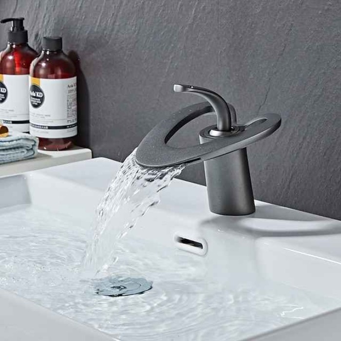 Waterfall Bathroom Sink Mixer Faucet Deck Mounted, Mono Washroom Basin Taps Single Handle Monobloc Vessel Water Brass Tap with Hot and Cold Hose