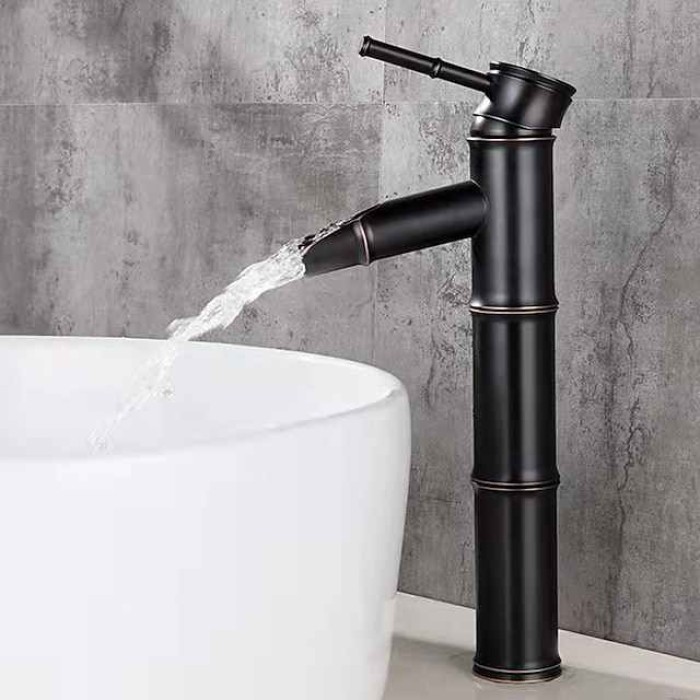 Vintage Bathroom Sink Mixer Faucet Bamboo Shape, Retro Style Monobloc Washroom Basin Taps, Antique Brass Single Handle One Hole Deck Mounted with Hot and Cold Water Hose