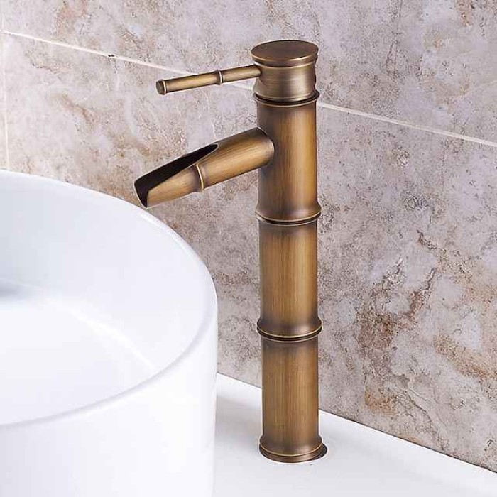 Vintage Bathroom Sink Mixer Faucet Bamboo Shape, Retro Style Monobloc Washroom Basin Taps, Antique Brass Single Handle One Hole Deck Mounted with Hot and Cold Water Hose