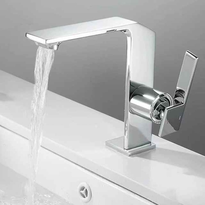 Waterfall Bathroom Sink Mixer Faucet Brass, Single Handle Washroom Basin Taps One Hole Faucets with Hot and Cold Hose, Waterfall Spout Brass Bathroom Tap Chrome Black Gold Grey