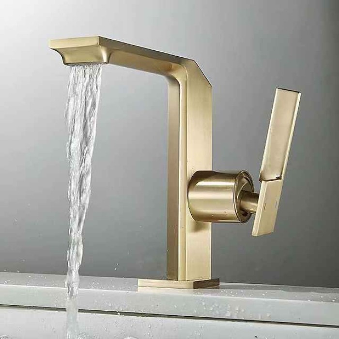 Waterfall Bathroom Sink Mixer Faucet Brass, Single Handle Washroom Basin Taps One Hole Faucets with Hot and Cold Hose, Waterfall Spout Brass Bathroom Tap Chrome Black Gold Grey