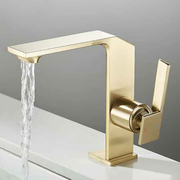 Waterfall Bathroom Sink Mixer Faucet Brass, Single Handle Washroom Basin Taps One Hole Faucets with Hot and Cold Hose, Waterfall Spout Brass Bathroom Tap Chrome Black Gold Grey