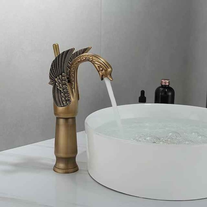 Vintage Bathroom Sink Mixer Faucet Brass Swan Shap, Monobloc Washroom Basin Taps Single Handle One Hole Deck Mounted, Mono Water Vessel Tap Hot and Cold Hose Antique Retro