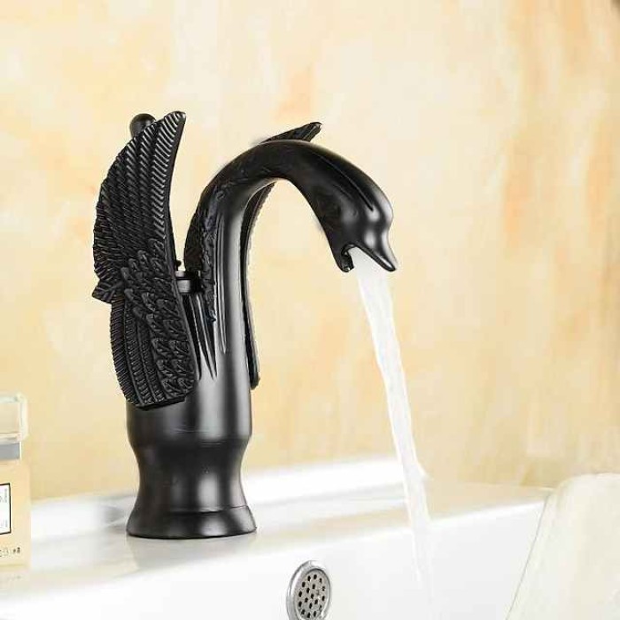 Vintage Bathroom Sink Mixer Faucet Brass Swan Shap, Monobloc Washroom Basin Taps Single Handle One Hole Deck Mounted, Mono Water Vessel Tap Hot and Cold Hose Antique Retro