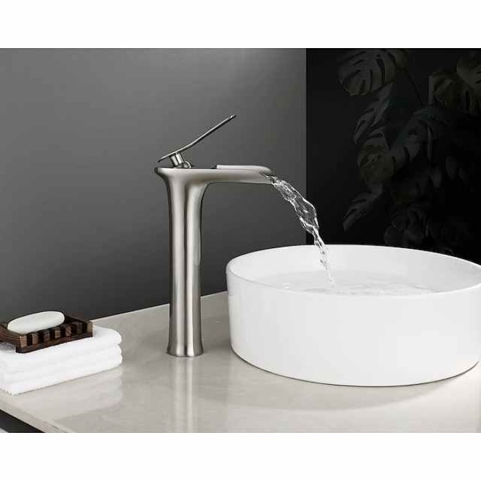 Waterfall Bathroom Sink Mixer Faucet Tall, Mono Wash Basin Single Handle Basin Taps Washroom with Hot and Cold Hose Monobloc Vessel Water Brass Tap Deck Mounted